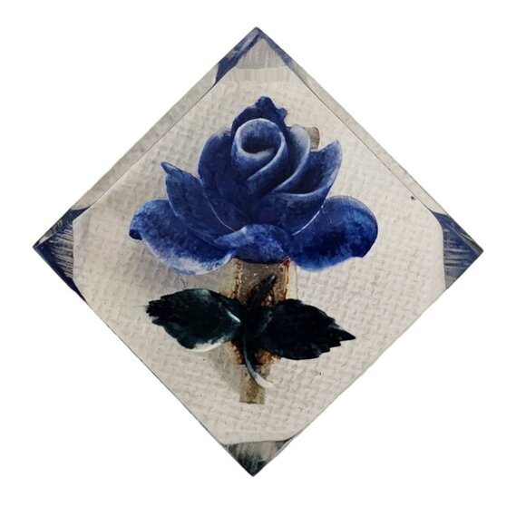 Clear Lucite Reverse Carved Square Blue Rose Brooch Pin L130 - Picture 9 of 9